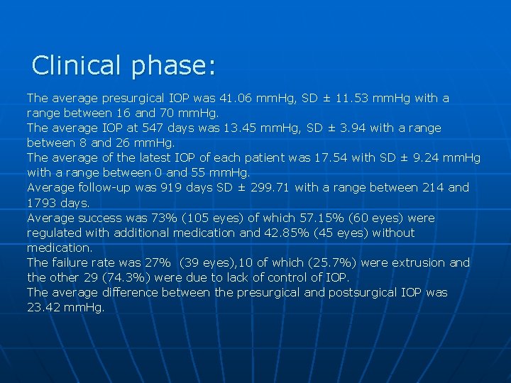 Clinical phase: The average presurgical IOP was 41. 06 mm. Hg, SD ± 11.