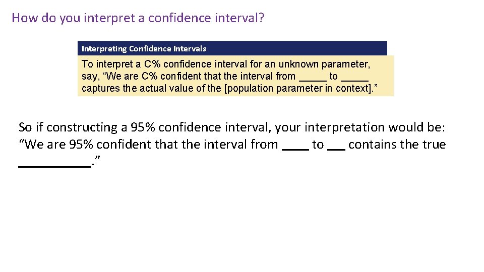 How do you interpret a confidence interval? Interpreting Confidence Intervals To interpret a C% How do you interpret a confidence interval? Interpreting Confidence Intervals To interpret a C%