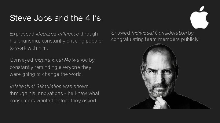 Steve Jobs and the 4 I’s Expressed Idealized Influence through his charisma, constantly enticing