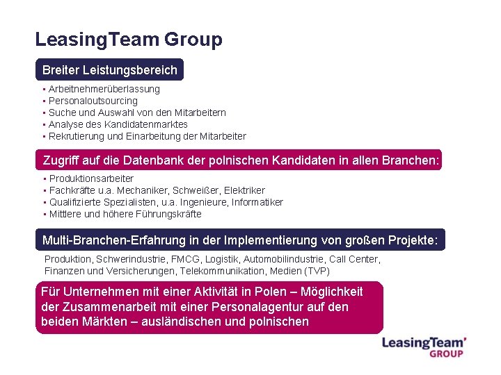 Leasing. Team Group Breiter Leistungsbereich • Arbeitnehmerüberlassung • Personaloutsourcing • Suche und Auswahl von