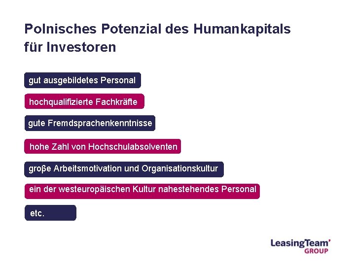 Polnisches Potenzial des Humankapitals für Investoren gut ausgebildetes Personal hochqualifizierte Fachkräfte gute Fremdsprachenkenntnisse hohe