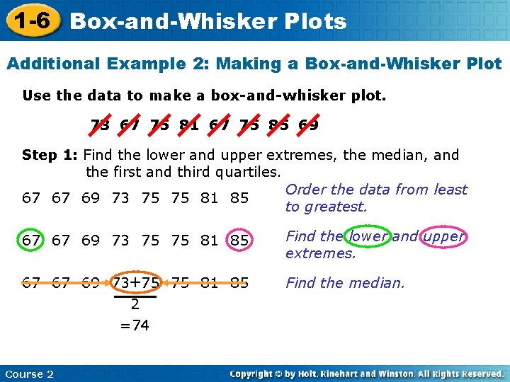1 -6 Box-and-Whisker Plots Additional Example 2: Making a Box-and-Whisker Plot Use the data