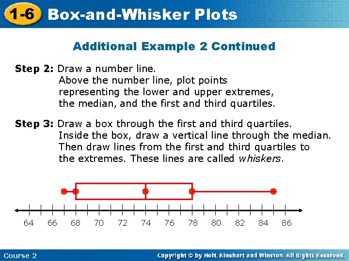 1 -6 Box-and-Whisker Plots Additional Example 2 Continued Step 2: Draw a number line.