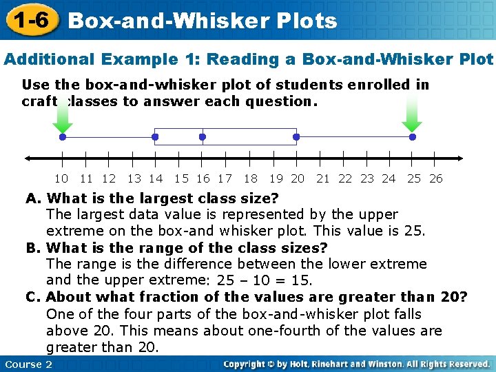1 -6 Box-and-Whisker Plots Additional Example 1: Reading a Box-and-Whisker Plot Use the box-and-whisker