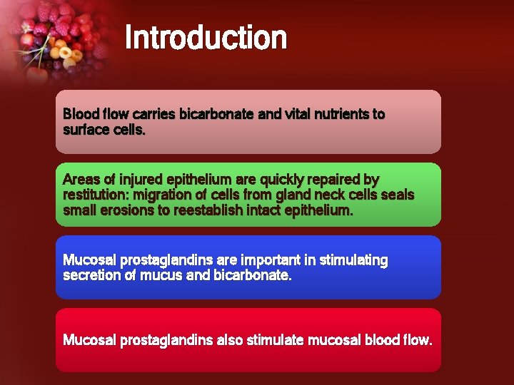 Introduction Blood flow carries bicarbonate and vital nutrients to surface cells. Areas of injured