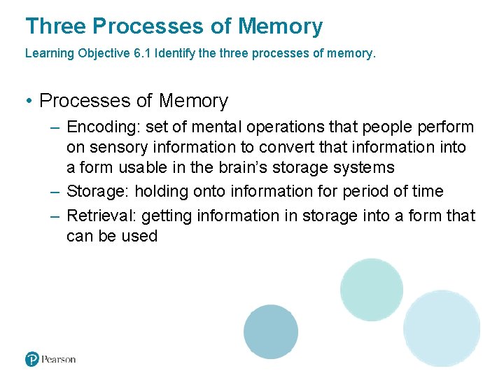 Three Processes of Memory Learning Objective 6. 1 Identify the three processes of memory.