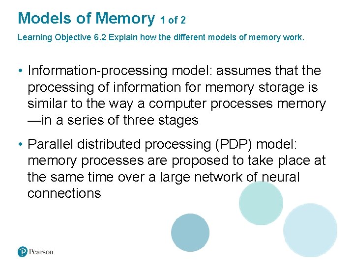 Models of Memory 1 of 2 Learning Objective 6. 2 Explain how the different