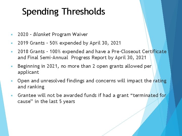 Spending Thresholds § 2020 – Blanket Program Waiver § 2019 Grants – 50% expended