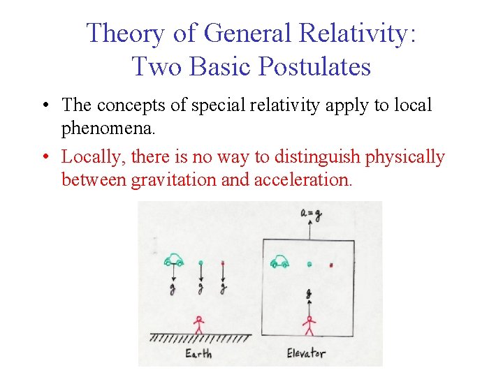 Theory of General Relativity: Two Basic Postulates • The concepts of special relativity apply