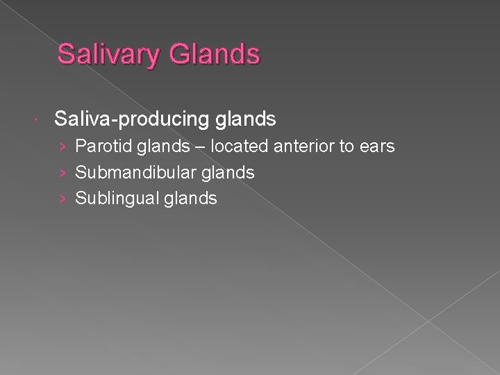 Salivary Glands Saliva-producing glands › Parotid glands – located anterior to ears › Submandibular