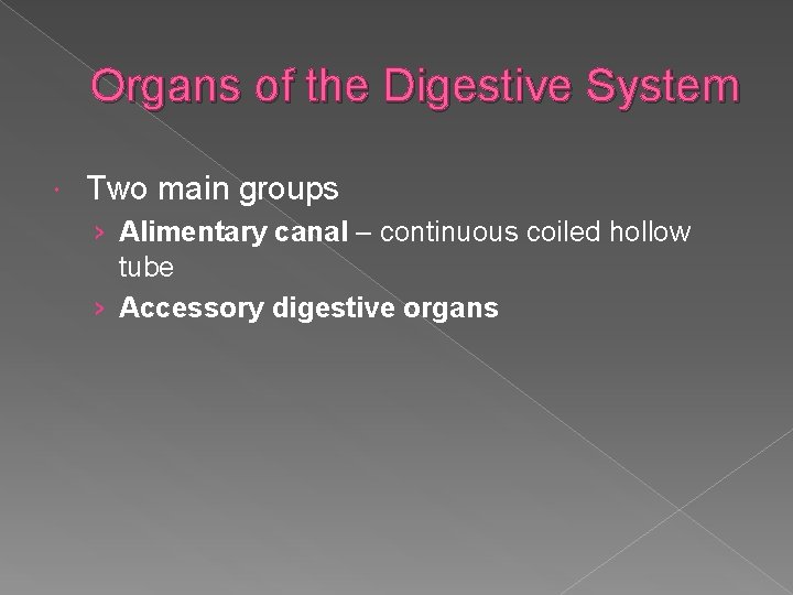 Organs of the Digestive System Two main groups › Alimentary canal – continuous coiled