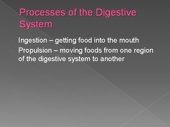 Processes of the Digestive System Ingestion – getting food into the mouth Propulsion –