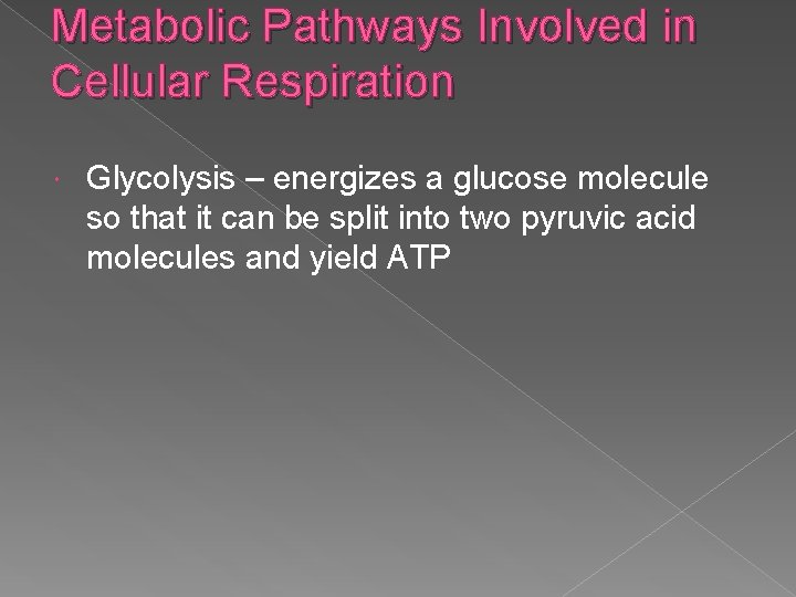 Metabolic Pathways Involved in Cellular Respiration Glycolysis – energizes a glucose molecule so that