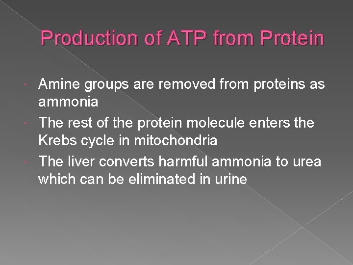 Production of ATP from Protein Amine groups are removed from proteins as ammonia The