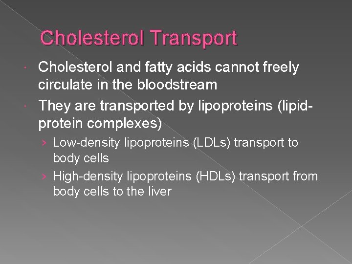 Cholesterol Transport Cholesterol and fatty acids cannot freely circulate in the bloodstream They are