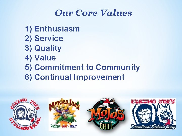 Our Core Values 1) Enthusiasm 2) Service 3) Quality 4) Value 5) Commitment to