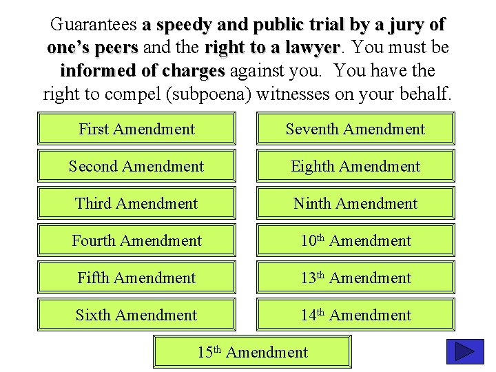 Guarantees a speedy and public trial by a jury of one’s peers and the