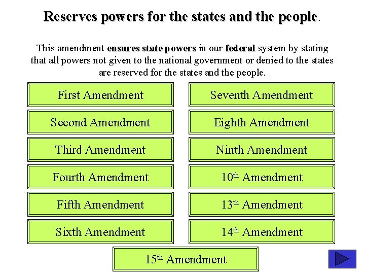 Reserves powers for the states and the people This amendment ensures state powers in