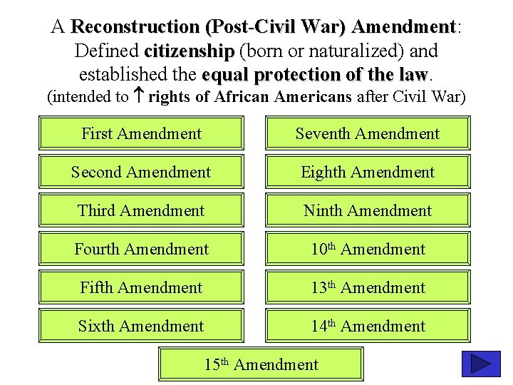 A Reconstruction (Post-Civil War) Amendment: Amendment Defined citizenship (born or naturalized) and established the