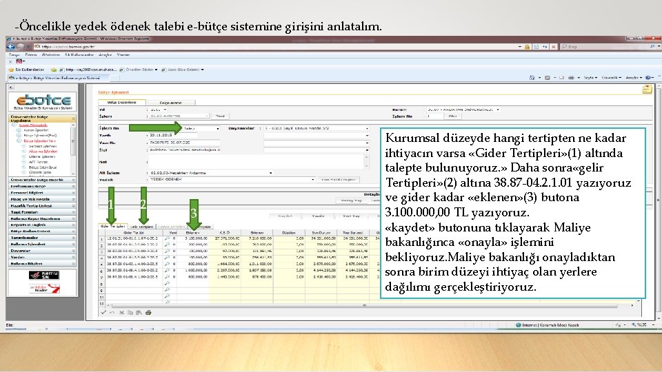 -Öncelikle yedek ödenek talebi e-bütçe sistemine girişini anlatalım. 1 2 3 Kurumsal düzeyde hangi