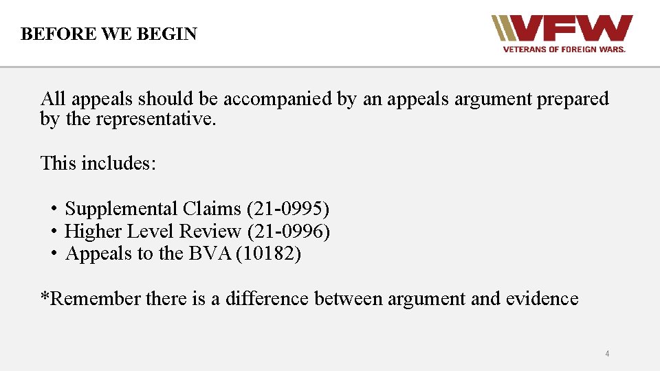 BEFORE WE BEGIN All appeals should be accompanied by an appeals argument prepared by