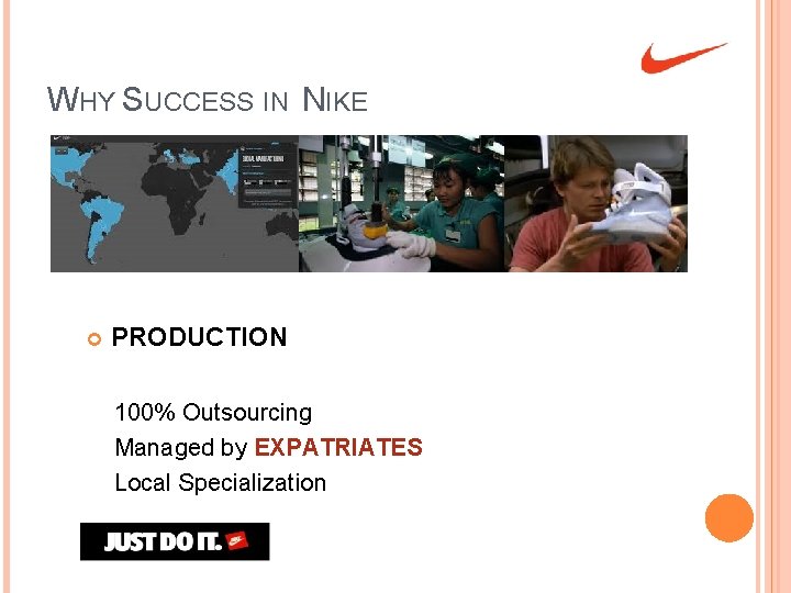 WHY SUCCESS IN NIKE PRODUCTION 100% Outsourcing Managed by EXPATRIATES Local Specialization 