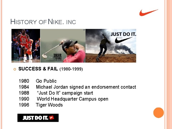 HISTORY OF NIKE. INC SUCCESS & FAIL (1980 -1999) 1980 1984 1988 1990 1996