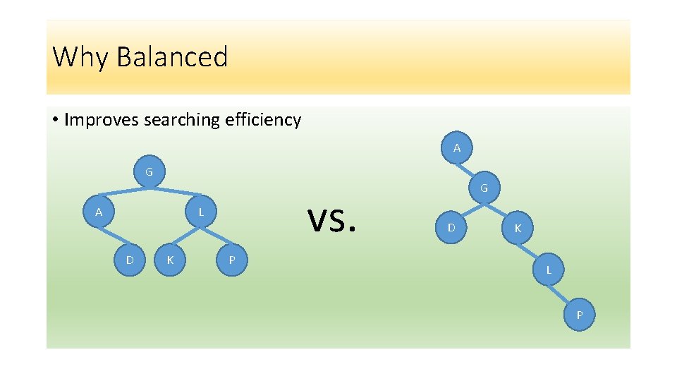 Why Balanced • Improves searching efficiency A G A vs. L D K P Why Balanced • Improves searching efficiency A G A vs. L D K P