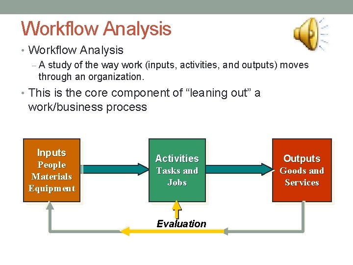 Workflow Analysis • Workflow Analysis – A study of the way work (inputs, activities,