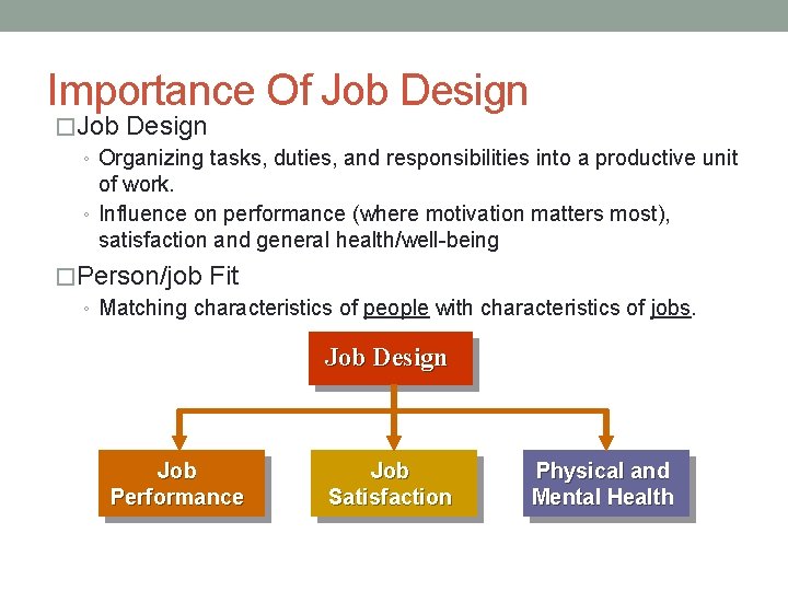 Importance Of Job Design �Job Design ◦ Organizing tasks, duties, and responsibilities into a