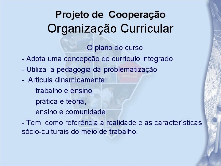 Projeto de Cooperação Organização Curricular O plano do curso - Adota uma concepção de