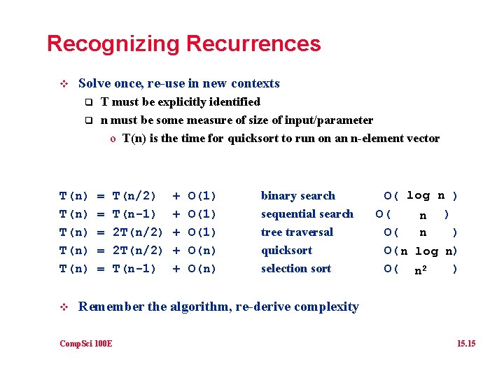 Recognizing Recurrences v Solve once, re-use in new contexts q q T(n) T(n) v