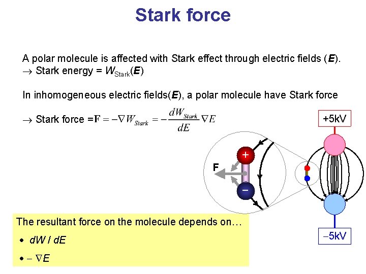 Stark force A polar molecule is affected with Stark effect through electric fields (E).