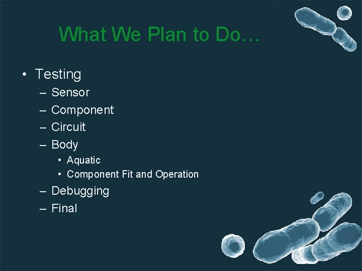 What We Plan to Do… • Testing – – Sensor Component Circuit Body •
