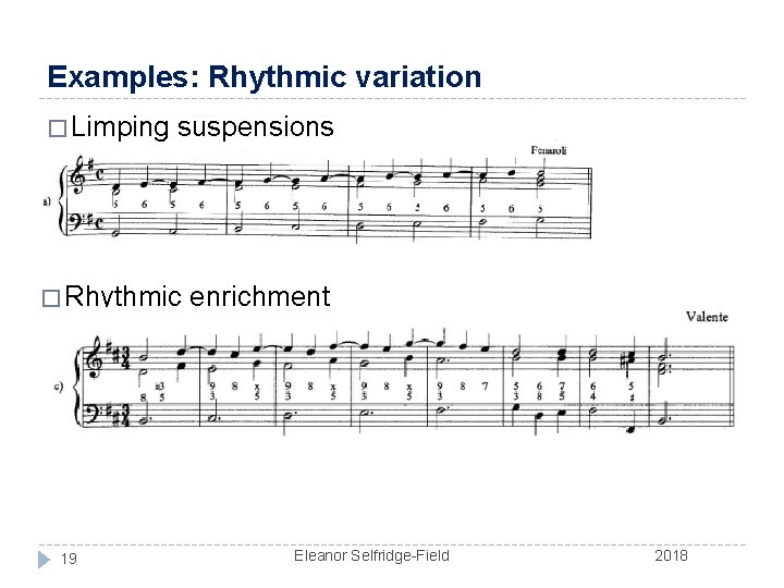 Examples: Rhythmic variation � Limping suspensions � Rhythmic 19 enrichment Eleanor Selfridge-Field 2018 