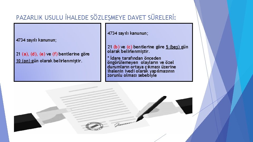 PAZARLIK USULU İHALEDE SÖZLEŞMEYE DAVET SÜRELERİ: 4734 sayılı kanunun; 21 (a), (d), (e) ve