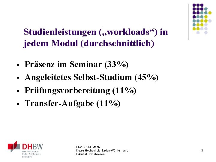Studienleistungen („workloads“) in jedem Modul (durchschnittlich) § § Präsenz im Seminar (33%) Angeleitetes Selbst-Studium