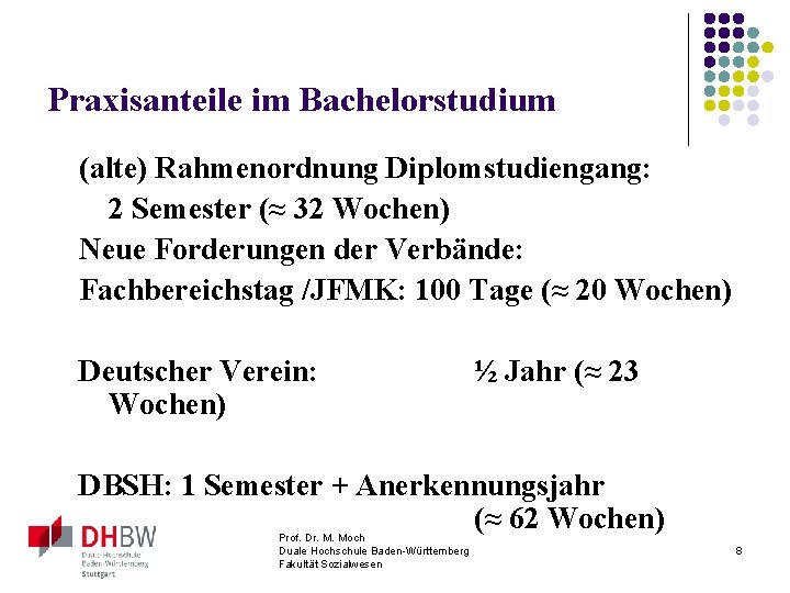 Praxisanteile im Bachelorstudium (alte) Rahmenordnung Diplomstudiengang: 2 Semester (≈ 32 Wochen) Neue Forderungen der