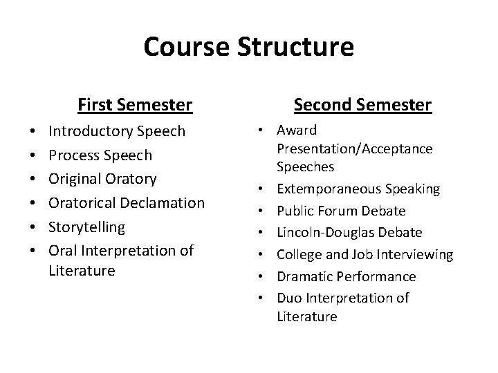 Course Structure First Semester • • • Introductory Speech Process Speech Original Oratory Oratorical