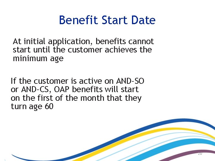 Benefit Start Date At initial application, benefits cannot start until the customer achieves the