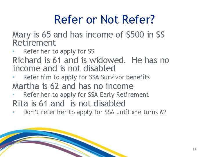 Refer or Not Refer? Mary is 65 and has income of $500 in SS