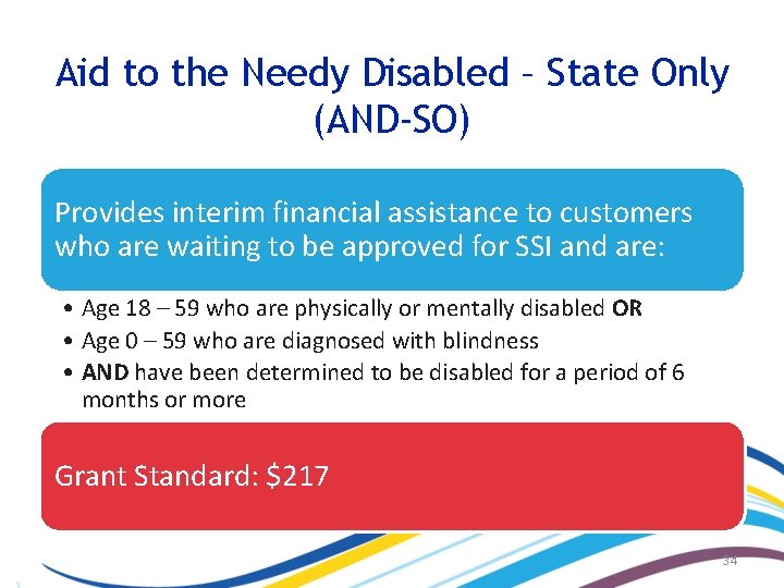 Aid to the Needy Disabled – State Only (AND-SO) Provides interim financial assistance to