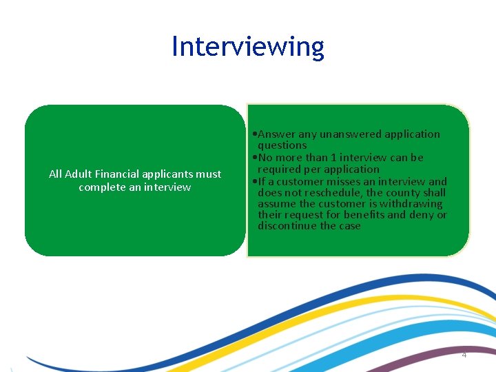 Interviewing All Adult Financial applicants must complete an interview • Answer any unanswered application