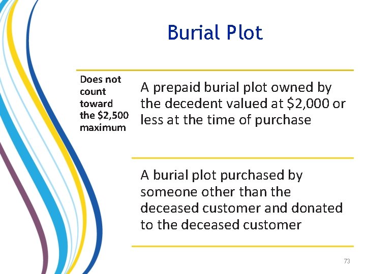 Burial Plot Does not count toward the $2, 500 maximum A prepaid burial plot