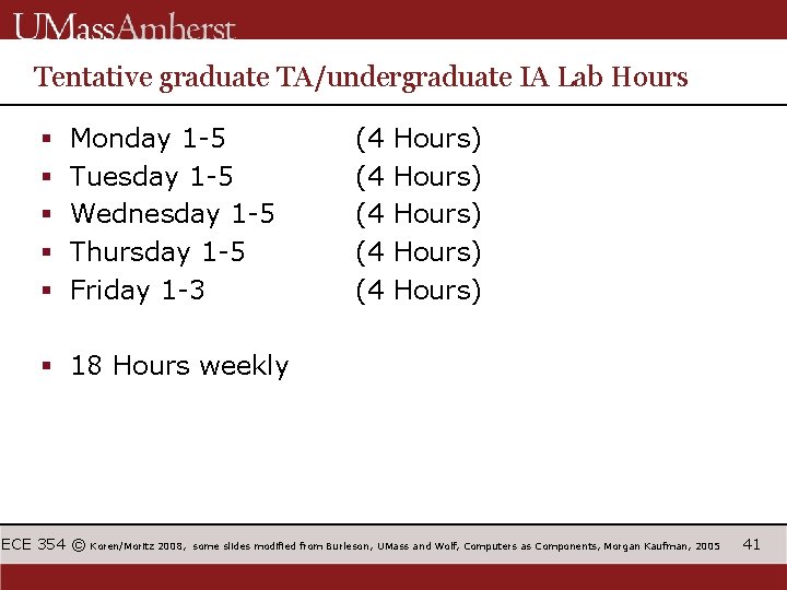 Tentative graduate TA/undergraduate IA Lab Hours § § § Monday 1 -5 Tuesday 1