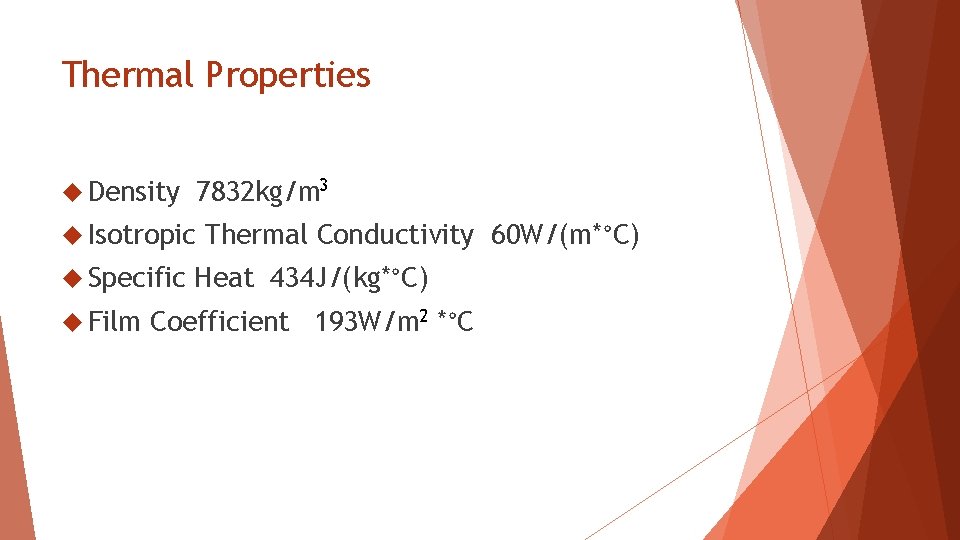 Thermal Properties 7832 kg/m 3 Density Isotropic Specific Film Thermal Conductivity 60 W/(m*°C) Heat