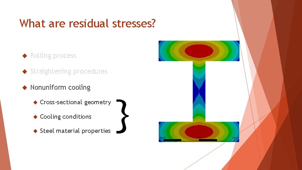 What are residual stresses? Rolling process Straightening procedures Nonuniform cooling Cross-sectional geometry Cooling conditions