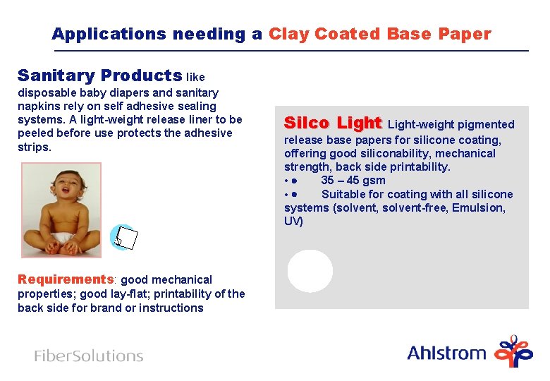 Applications needing a Clay Coated Base Paper Sanitary Products like disposable baby diapers and