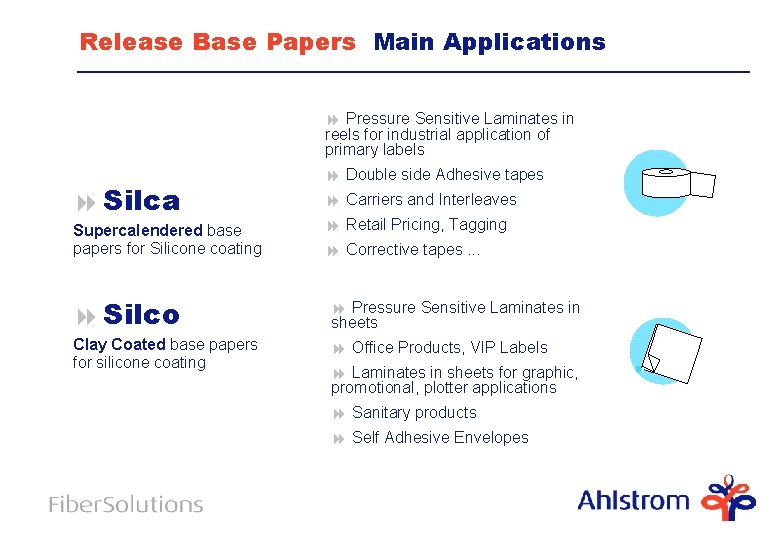 Release Base Papers Main Applications 8 Pressure Sensitive Laminates in reels for industrial application