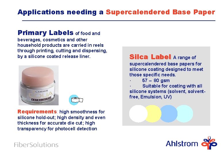 Applications needing a Supercalendered Base Paper Primary Labels of food and beverages, cosmetics and